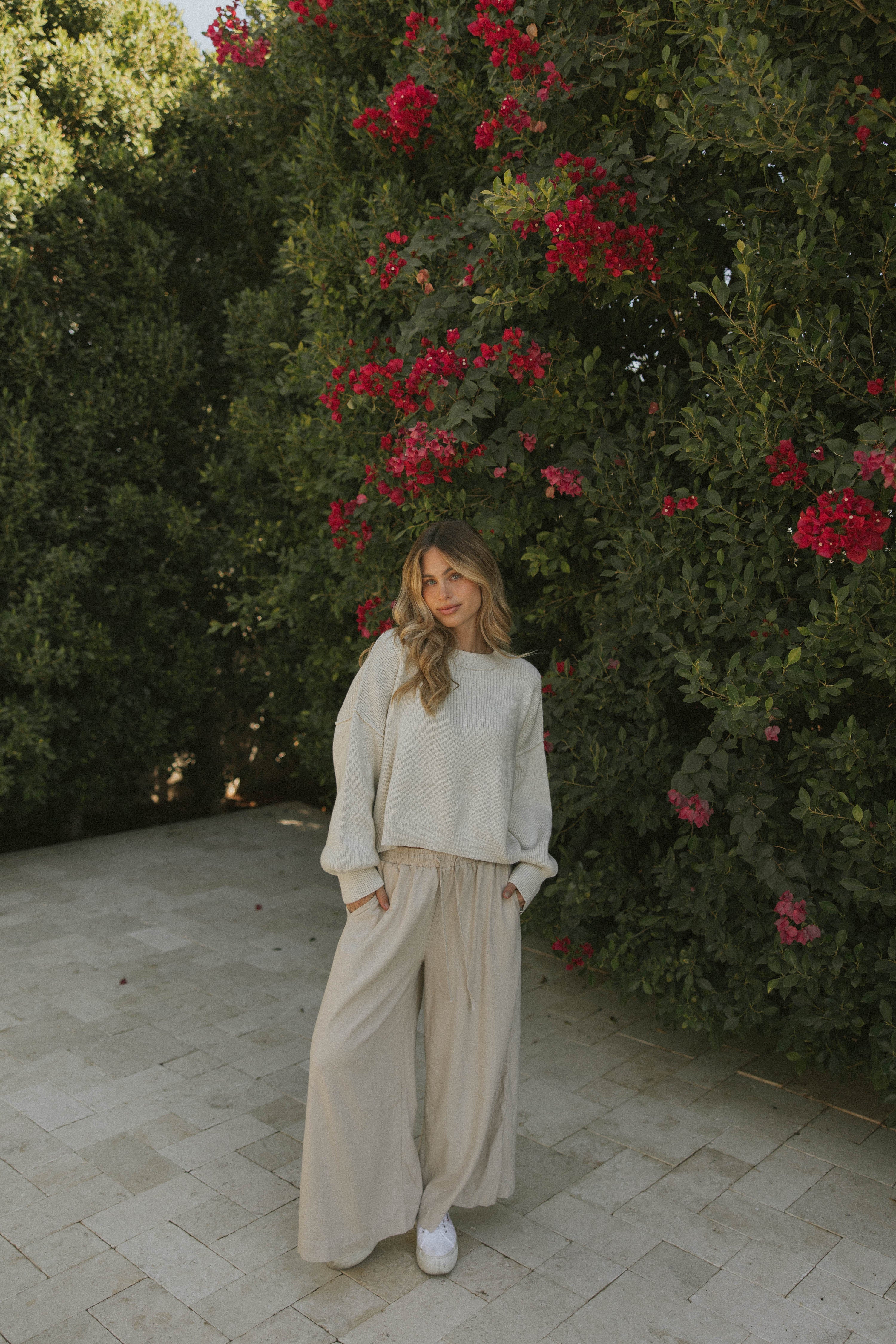 linen pants, cream sweater
