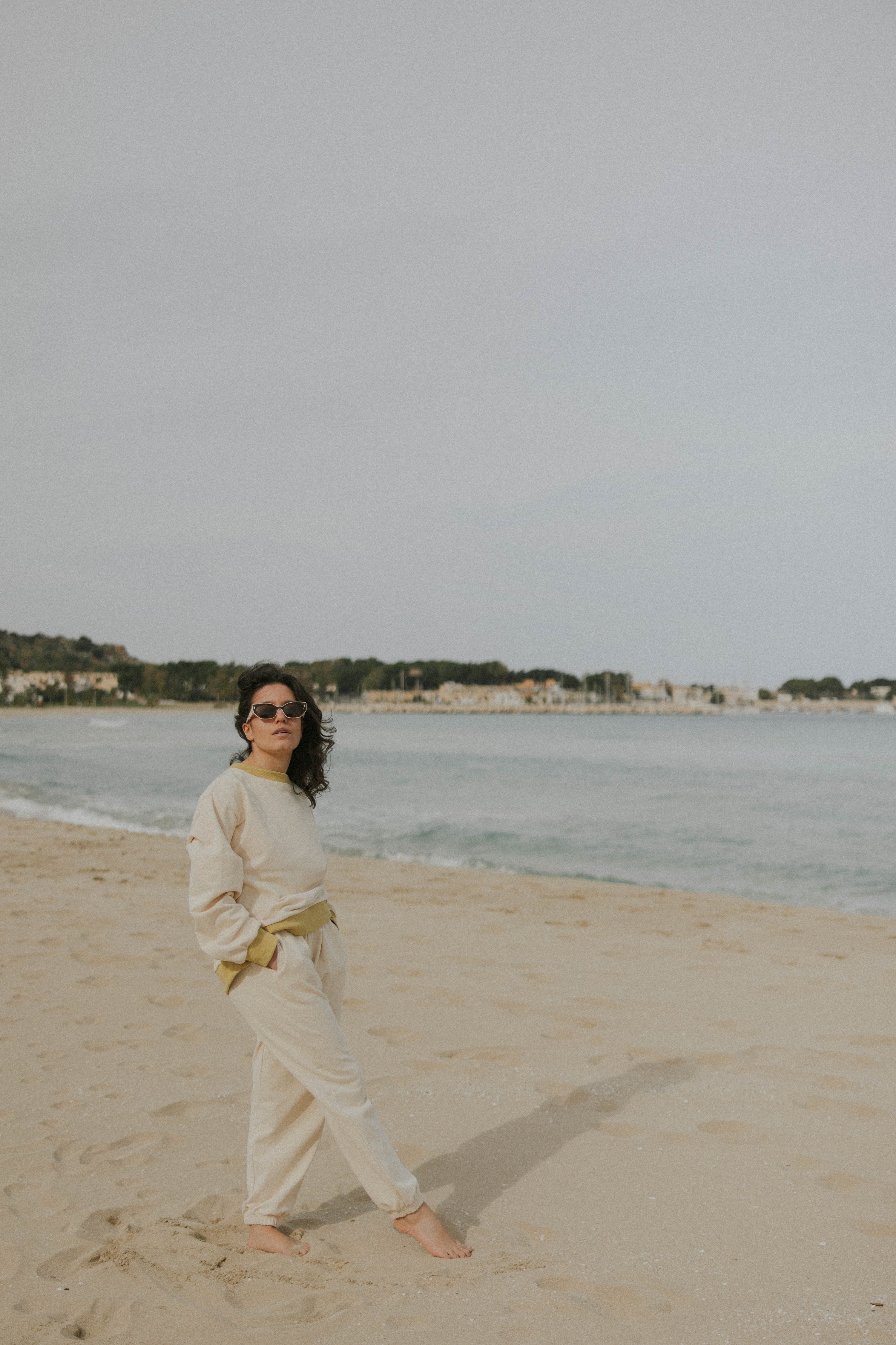 Matching neutral sweatsuit set for women.