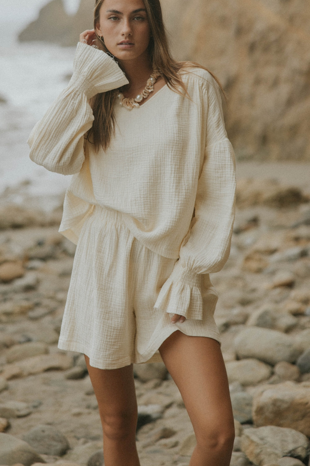 Muslin, cream matching beachwear set for women.