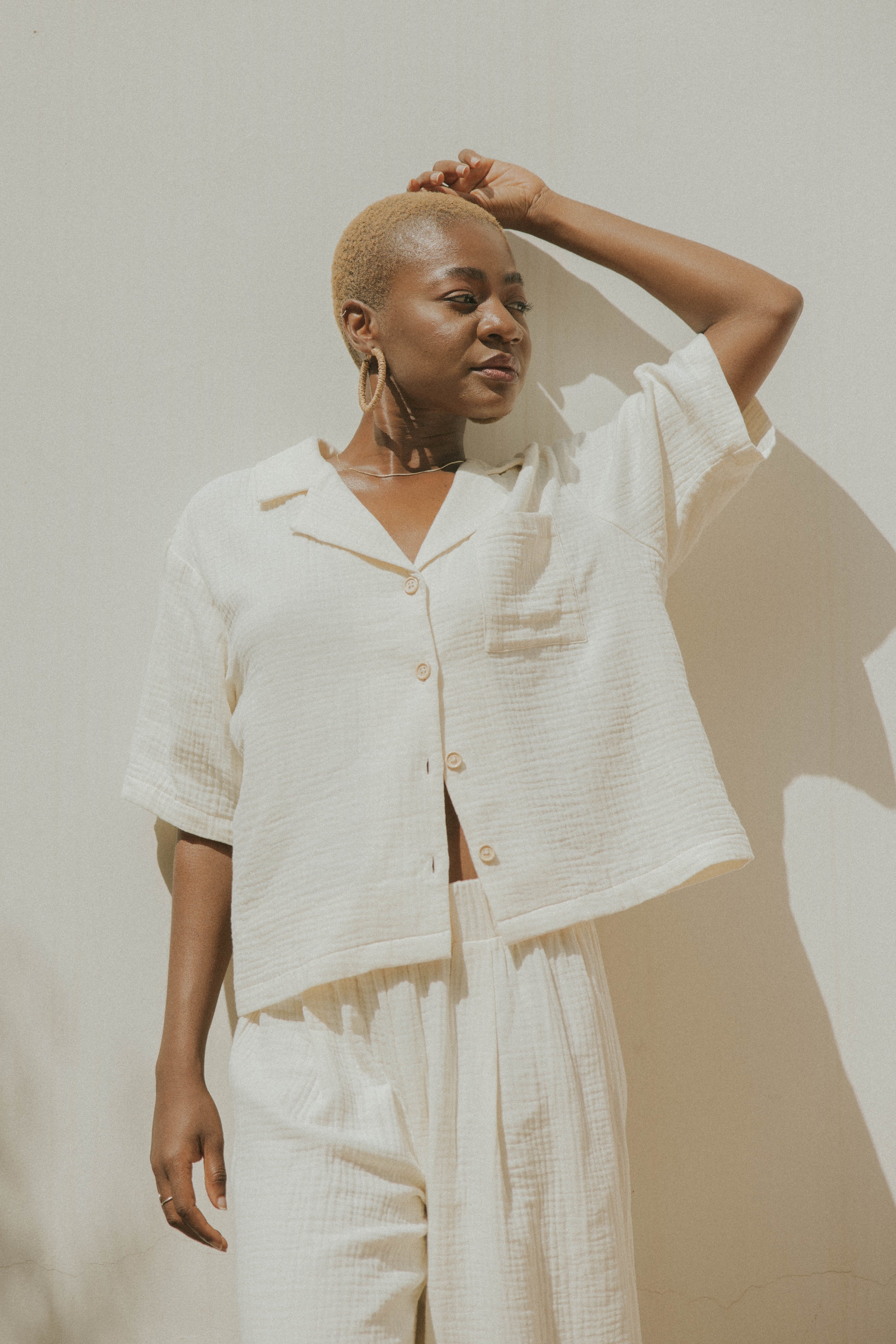 Muslin, cream matching loungewear set for women.