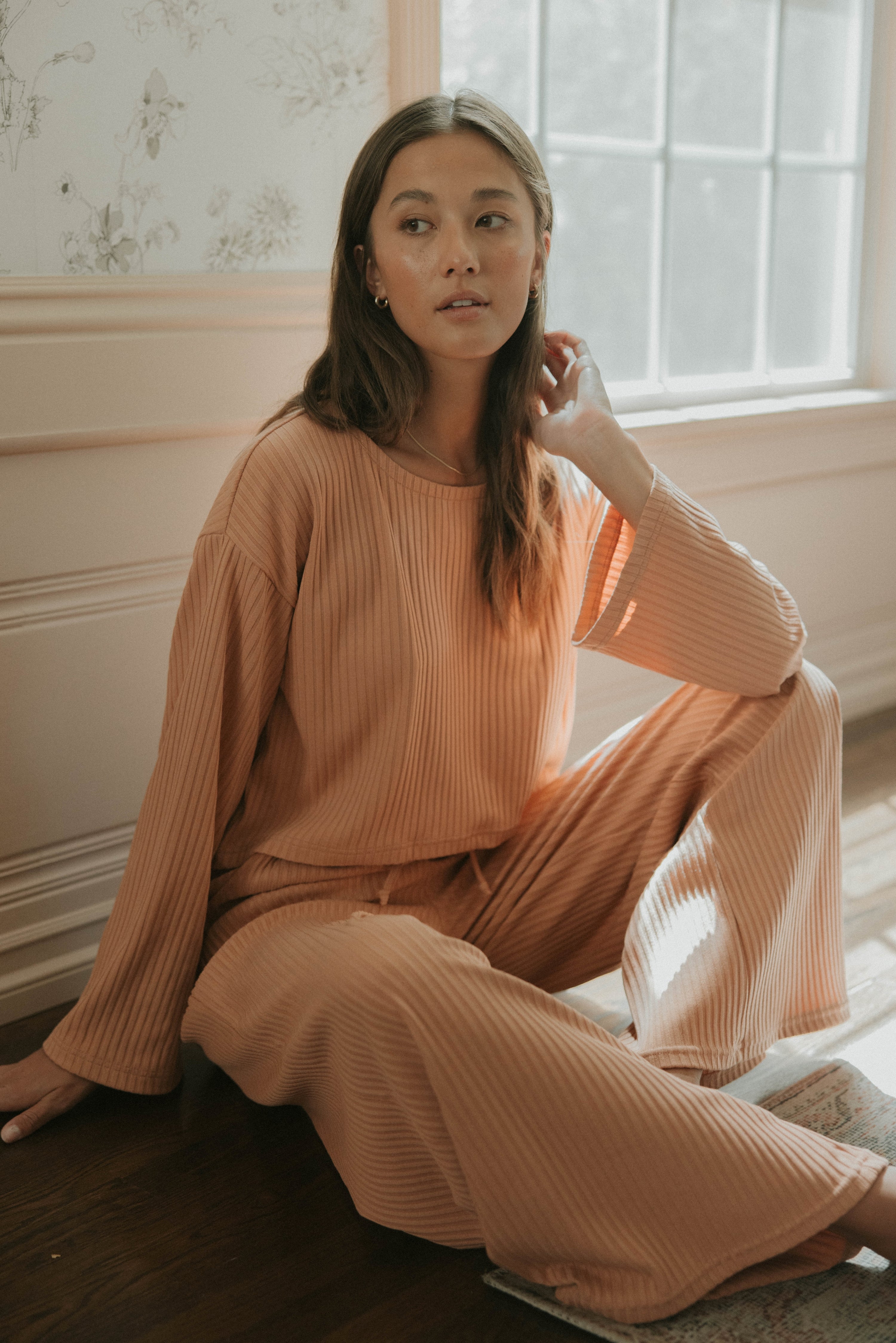 Ribbed, pink women's luxury loungewear set.