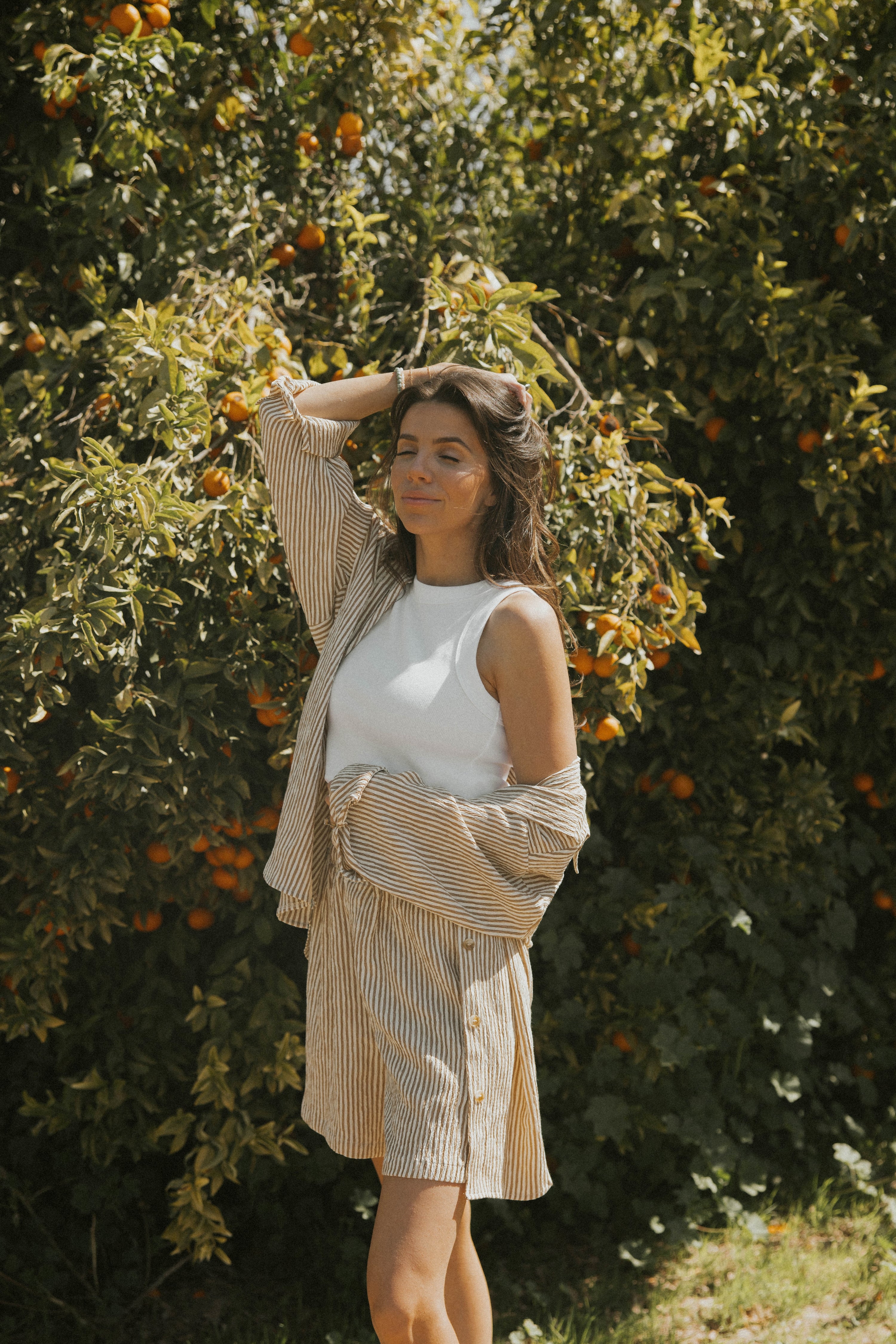 Striped matching boxer shorts and top set for women.