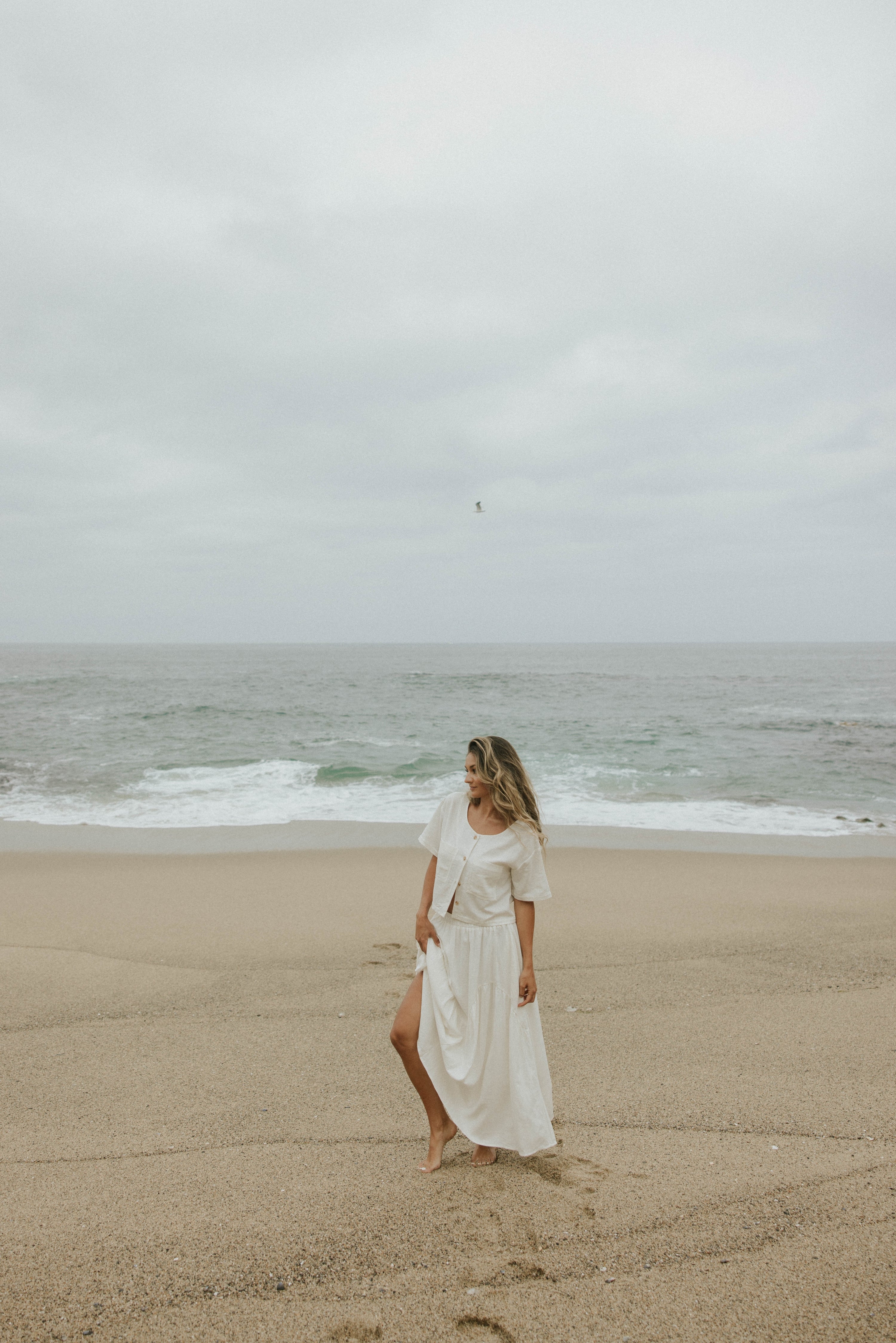 White two piece skirt set and linen two piece set.