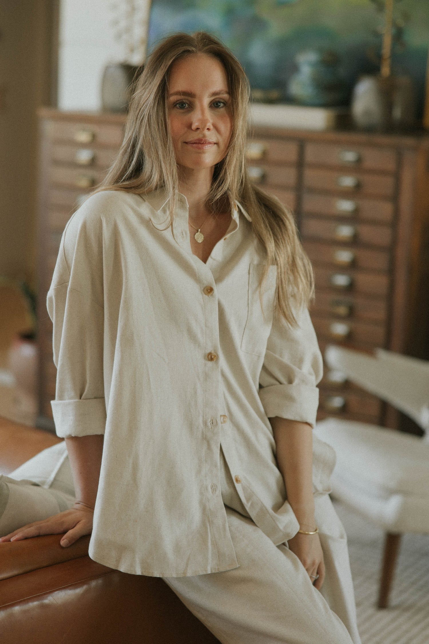 Long sleeve linen lounge top for women.