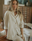 Long sleeve linen lounge top for women.