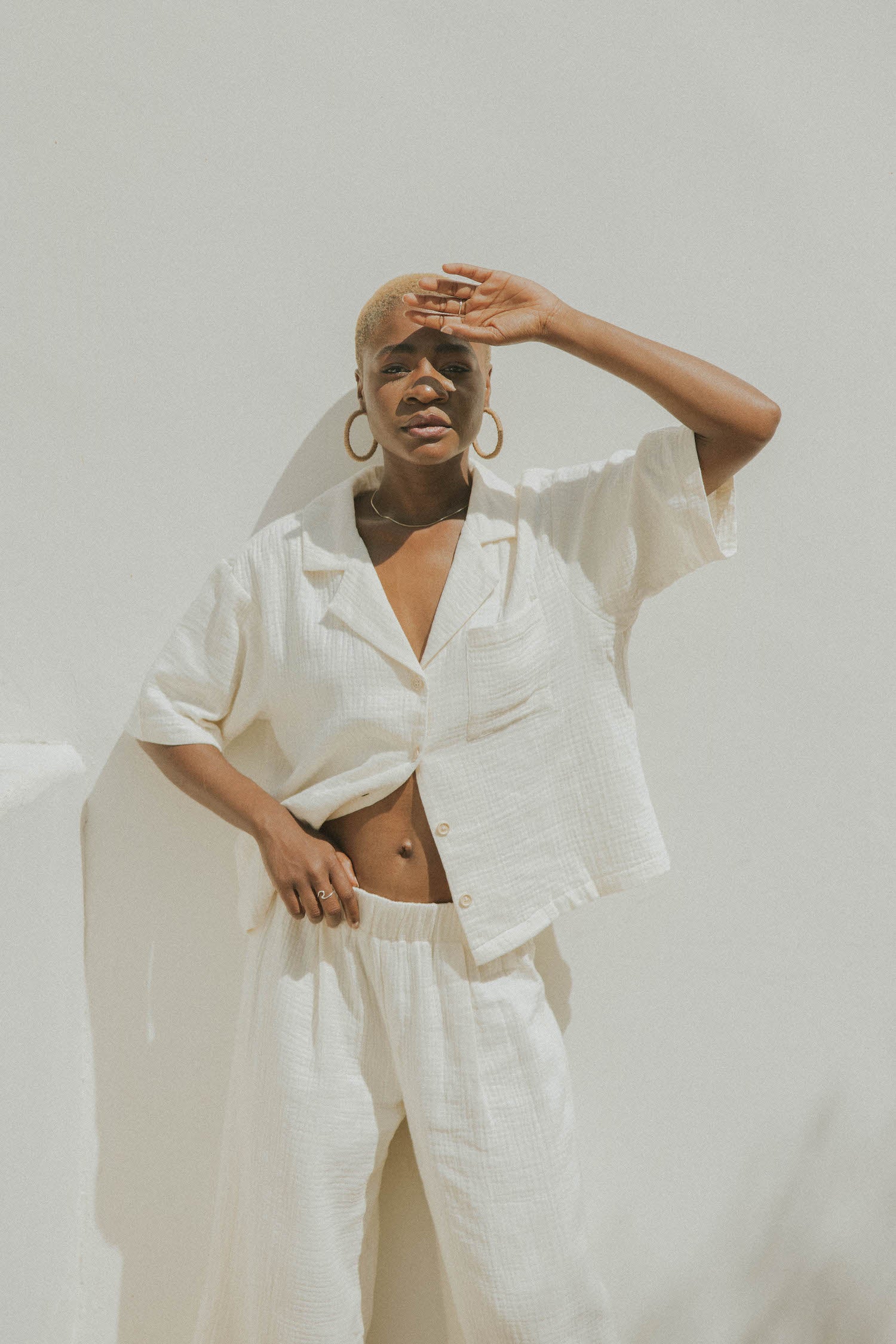 White muslin matching loungewear set for women.