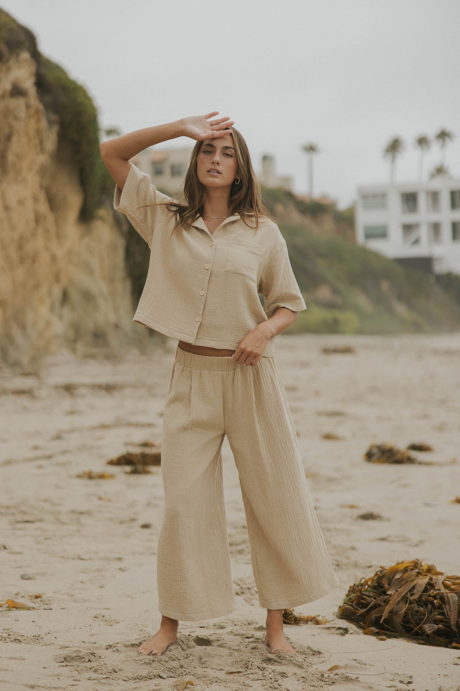 Brown muslin matching loungewear set for women.
