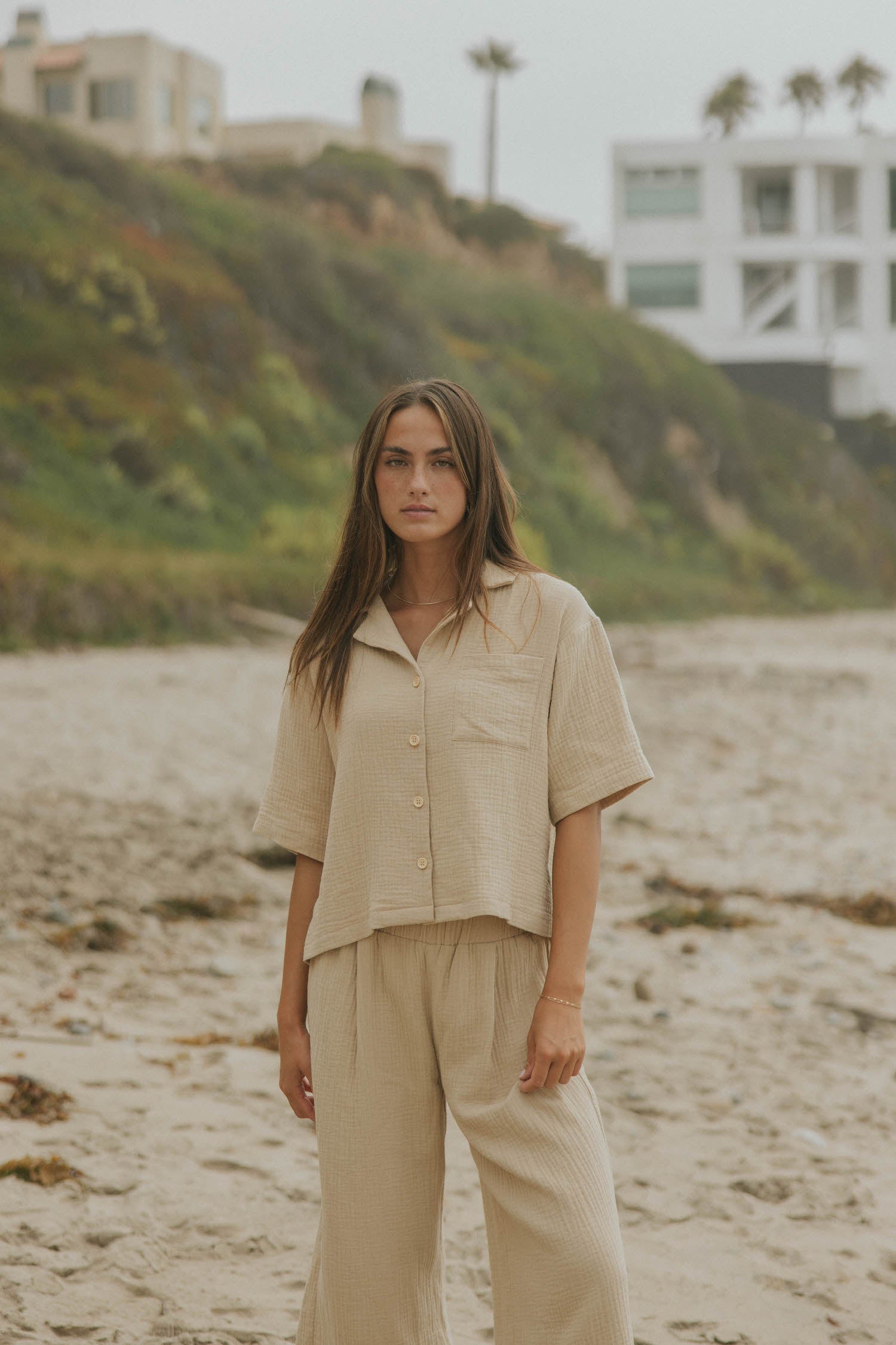 Brown muslin matching loungewear set for women.