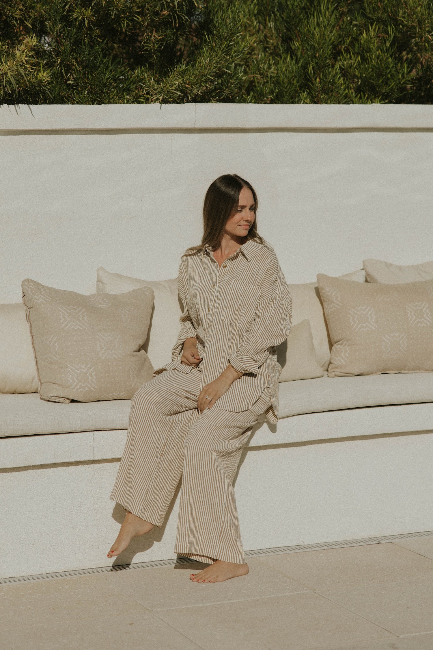 Neutral striped lounge pants for women.