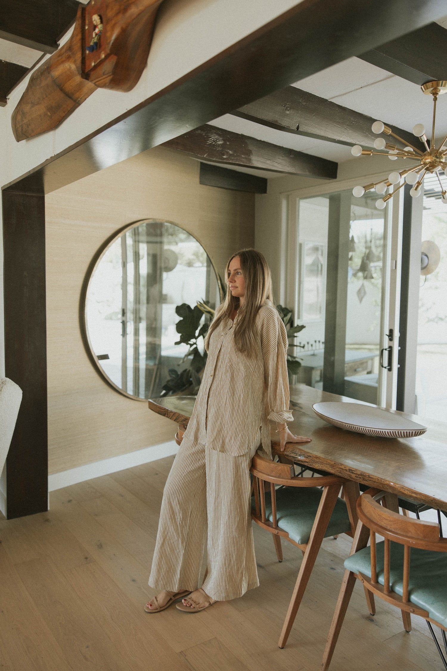 Striped matching top and pants set for women.