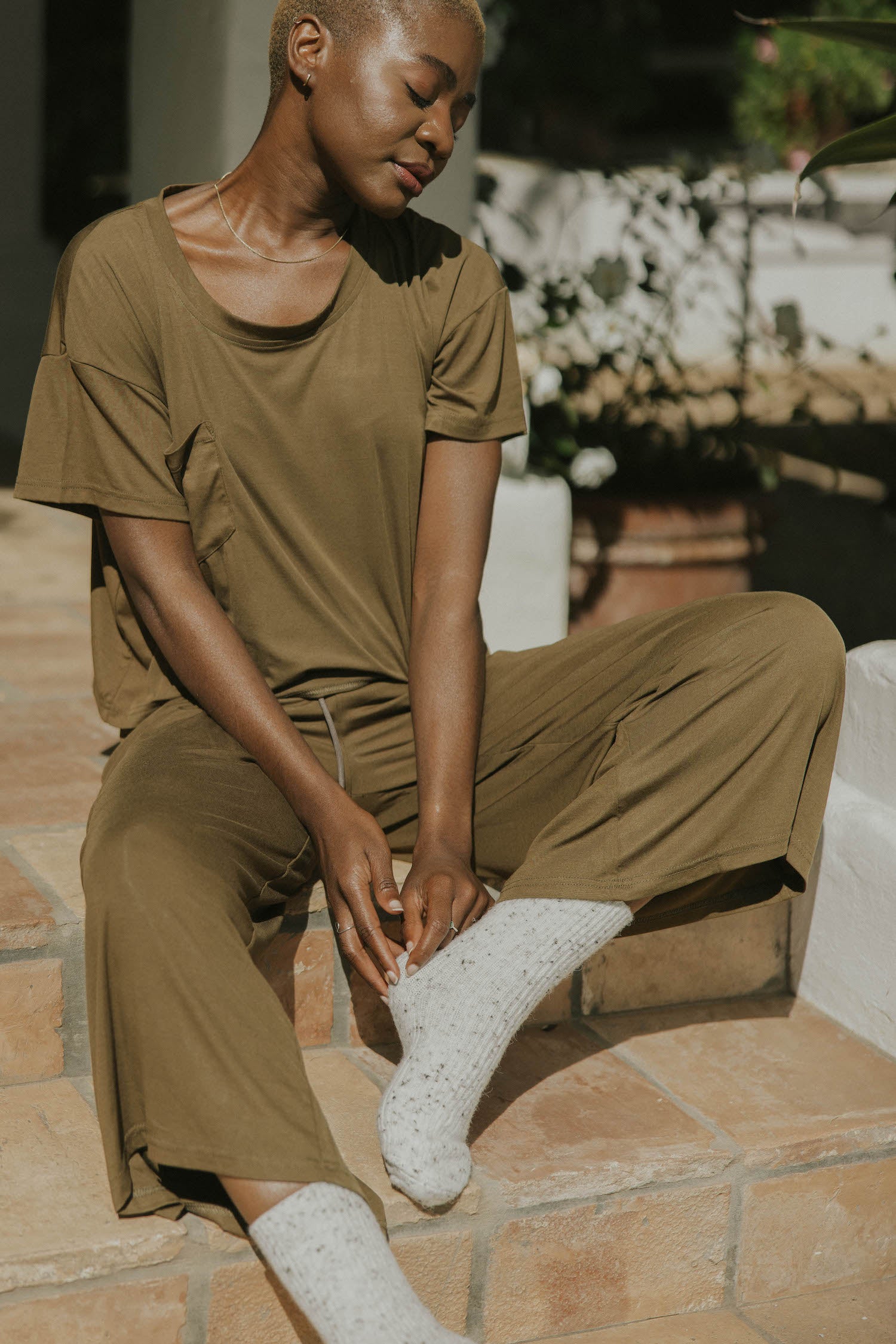 Speckled neutral wool socks with matching sets for women.