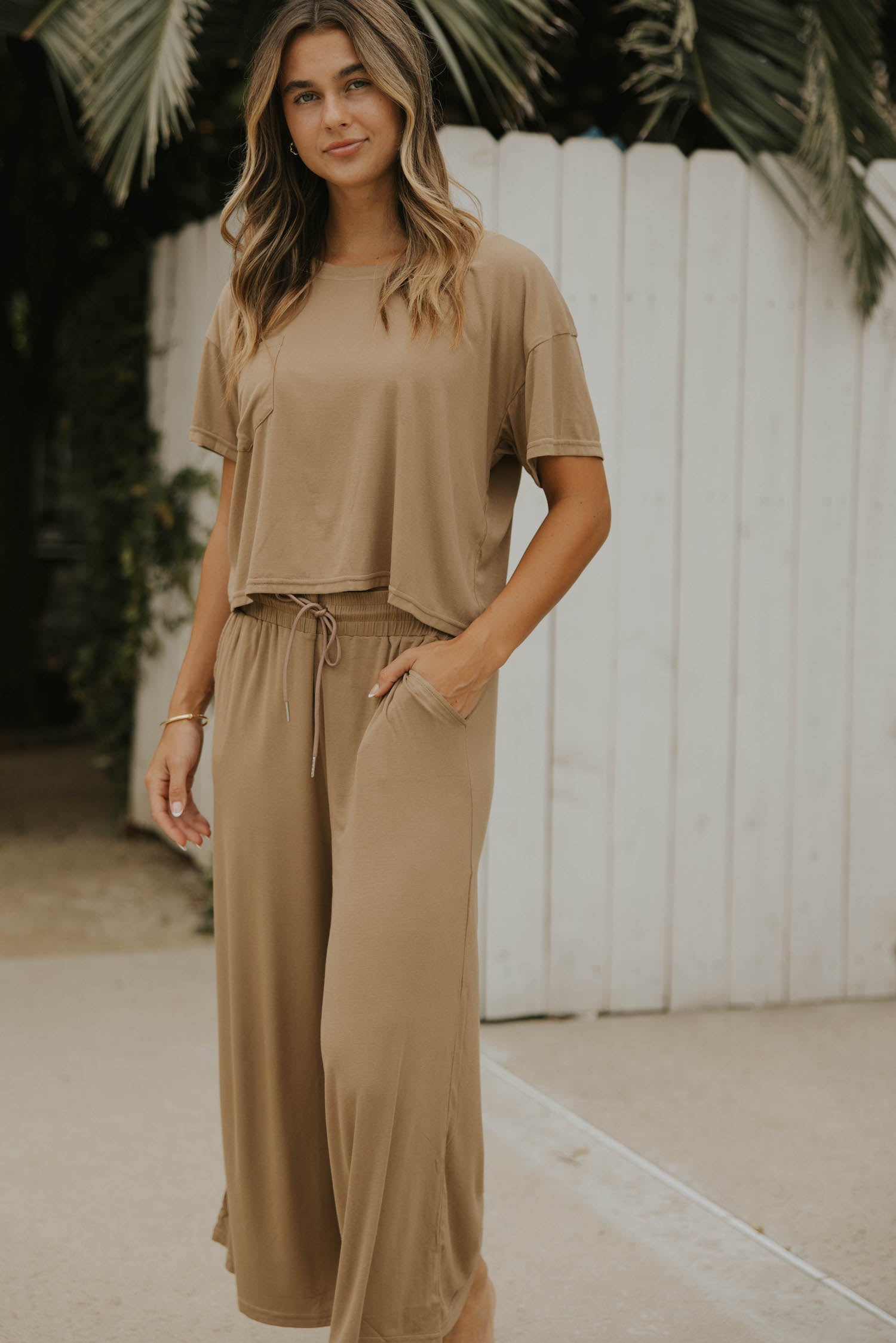 Stretchy and adjustable brown pajama pant for women.