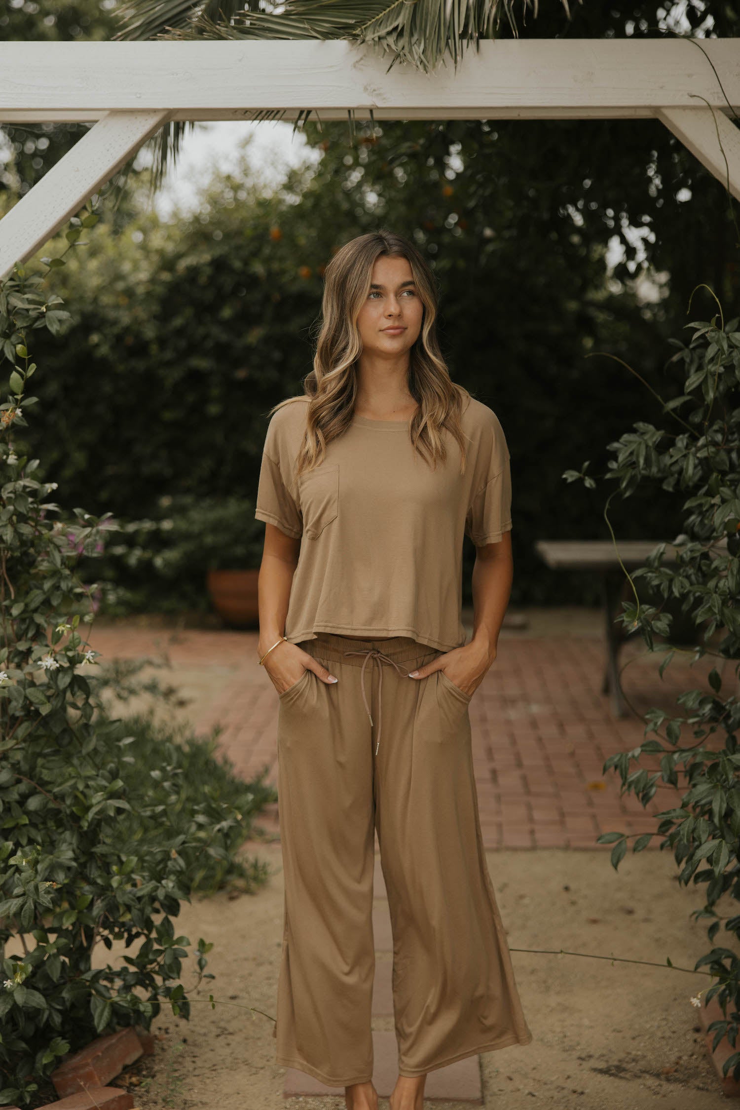 Brown bamboo matching sleepwear set for women.