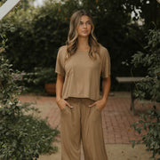 Brown bamboo matching sleepwear set for women.