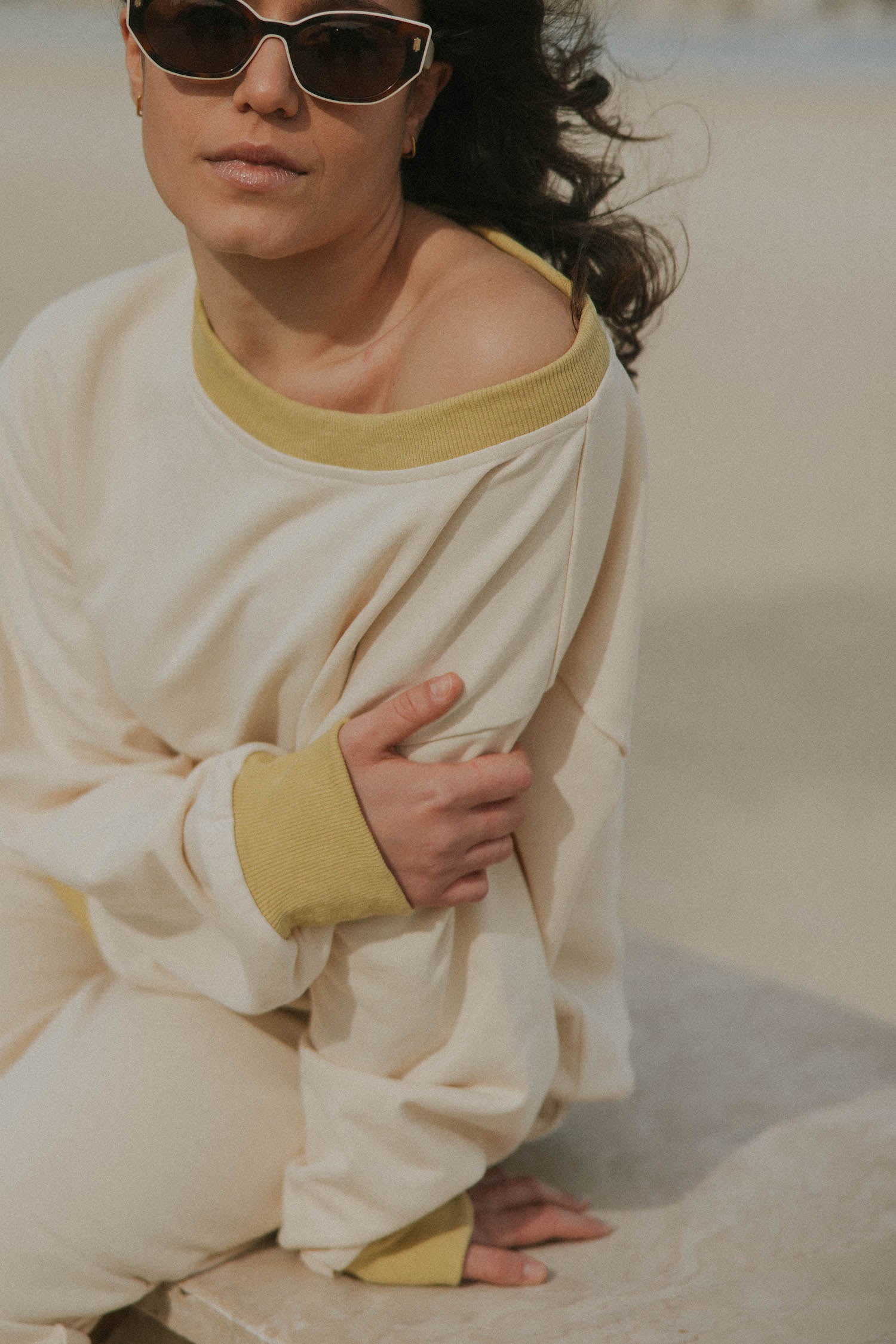 French terry crewneck in neutral cream.