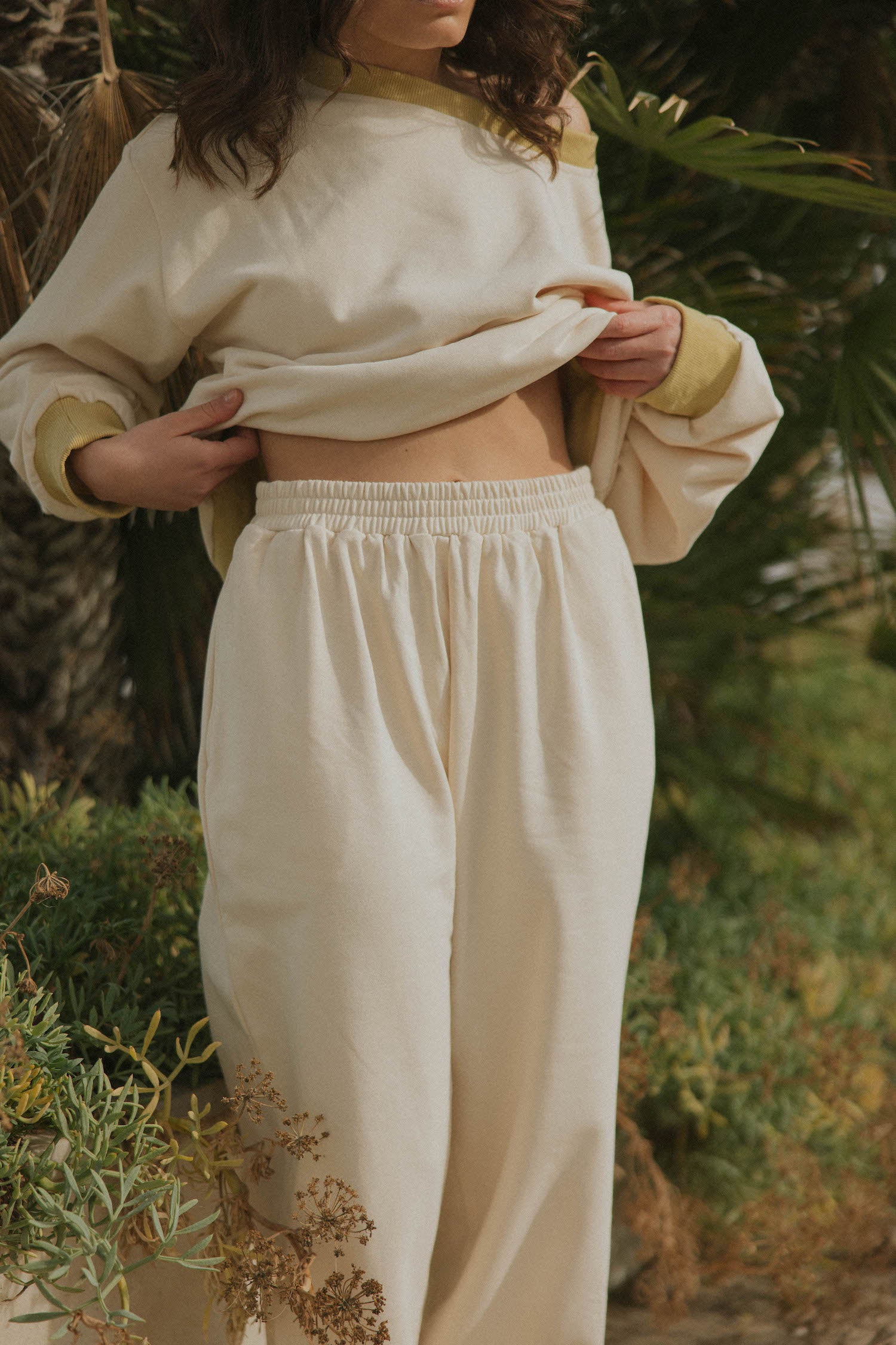 Jogger pant for women in neutral cream.