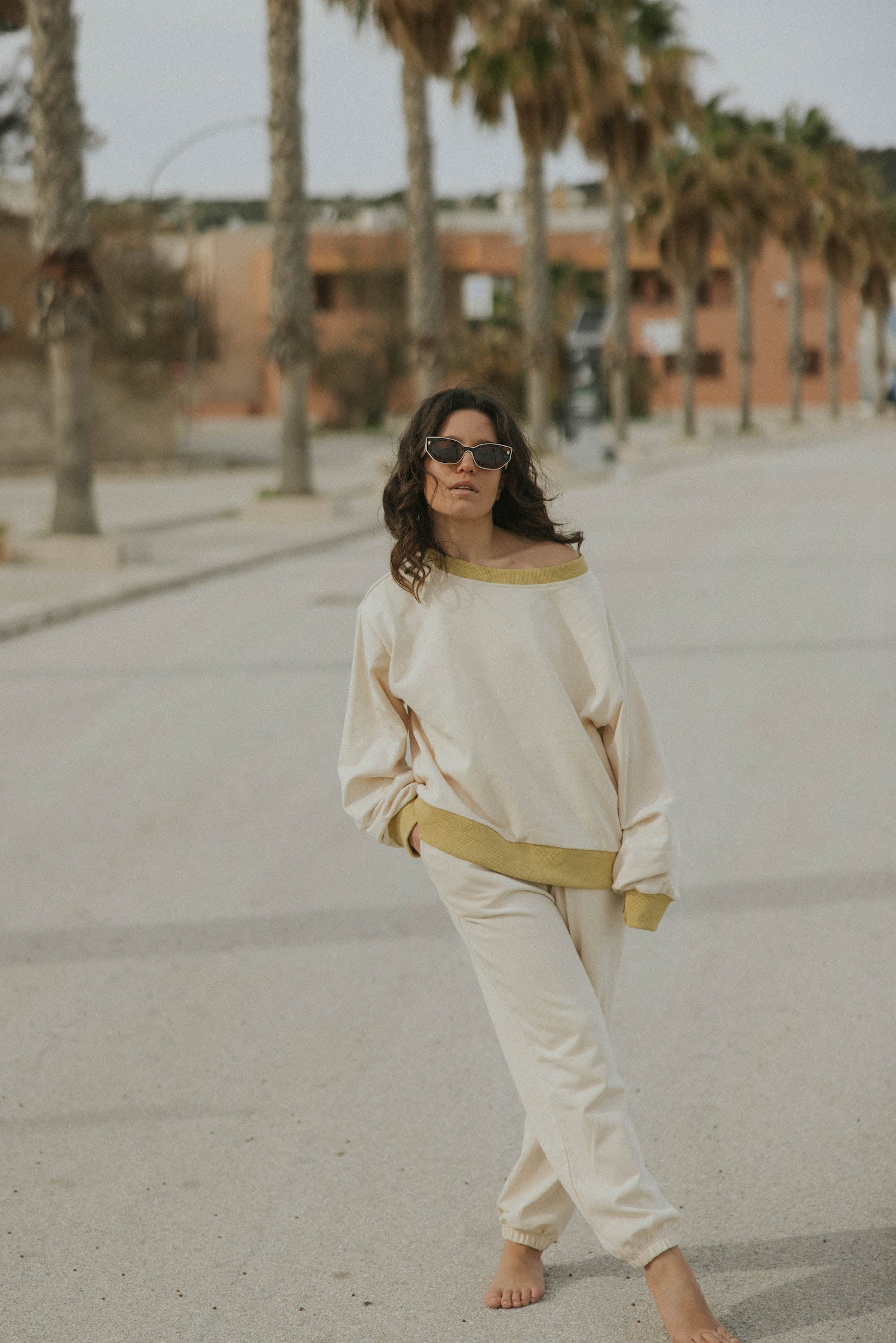 Jogger pant for women in neutral cream.