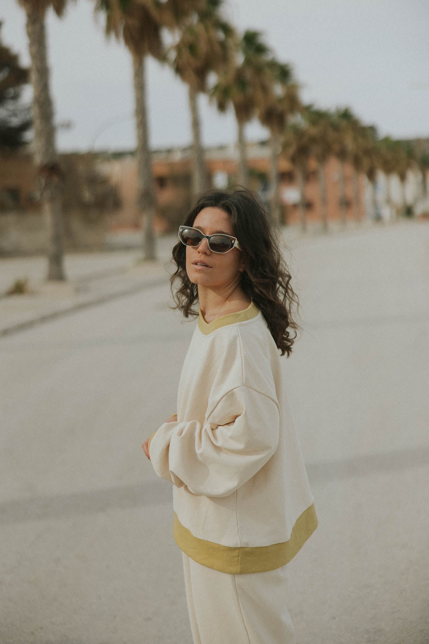 French terry crewneck in neutral cream.