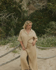 Women's wide leg lounge pants in brown muslin.