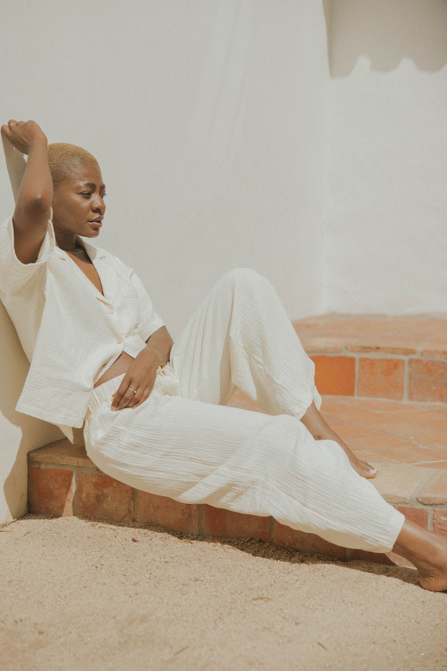 Women's wide leg lounge pants in white muslin.