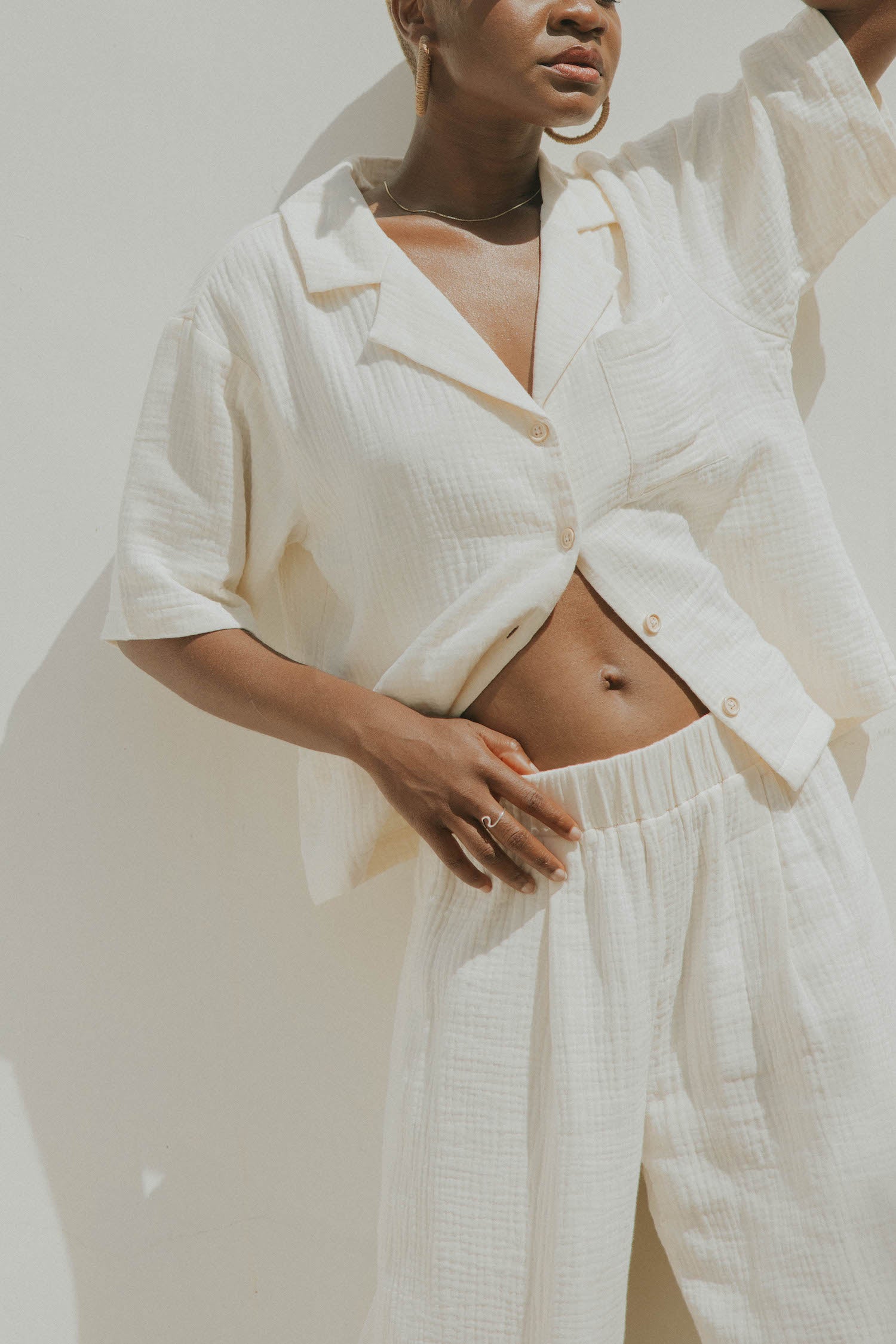 White muslin matching loungewear set for women.