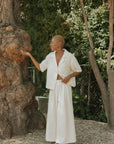 Women's wide leg lounge pants in white muslin.