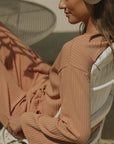 Ribbed long sleeve loungewear top for women.