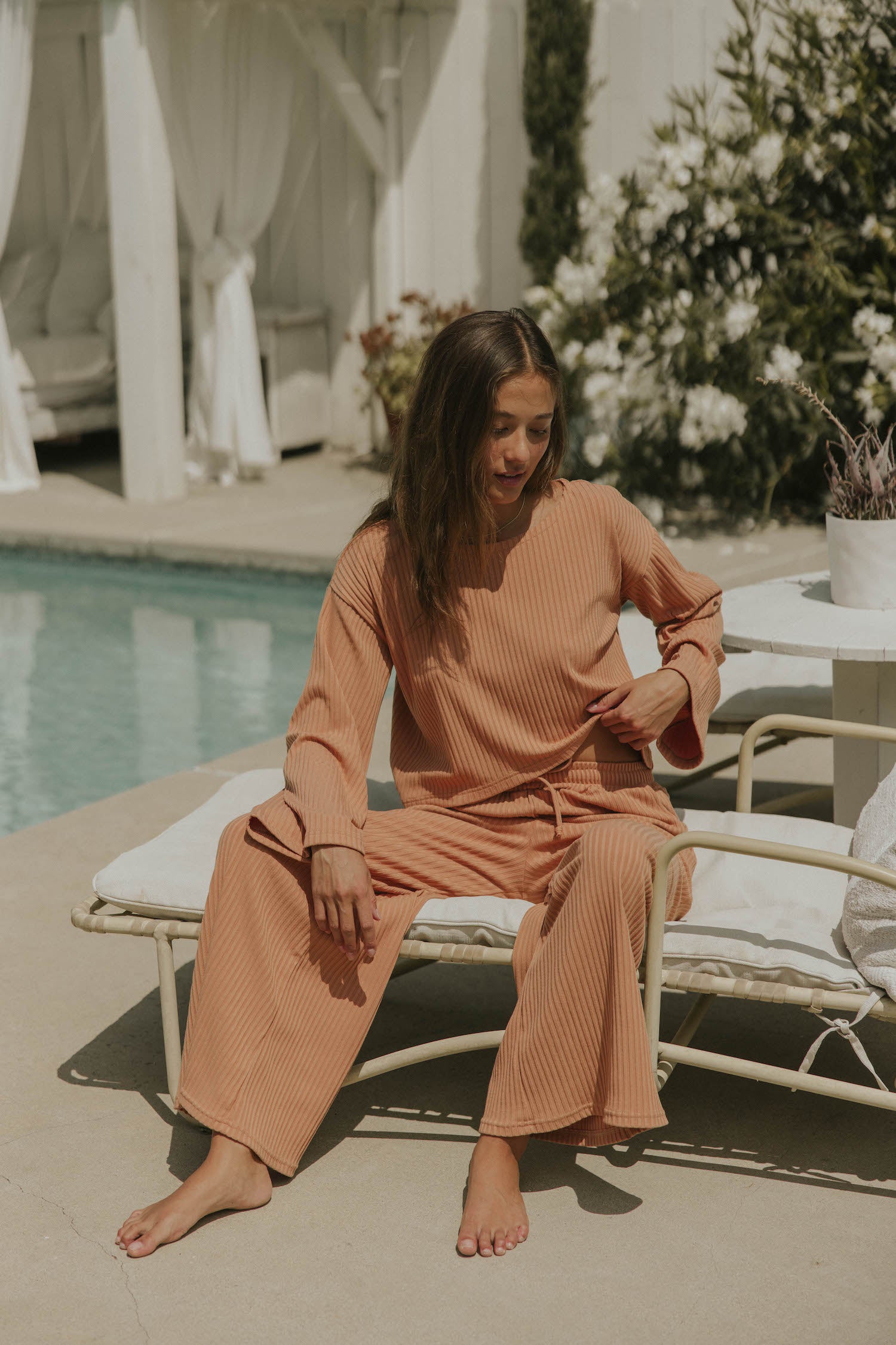 Ribbed flare loungewear pants for women.