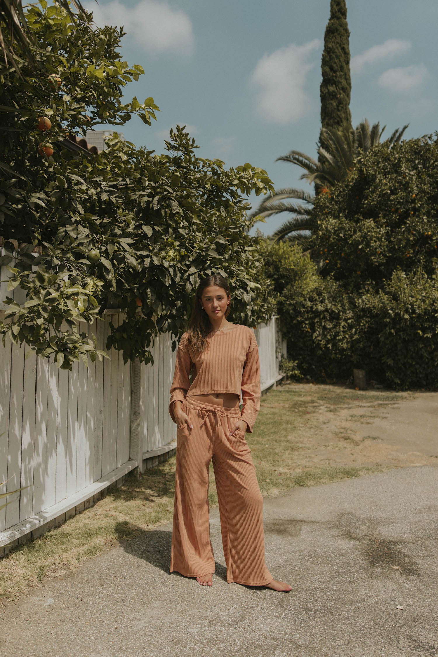 Ribbed long sleeve loungewear top for women.
