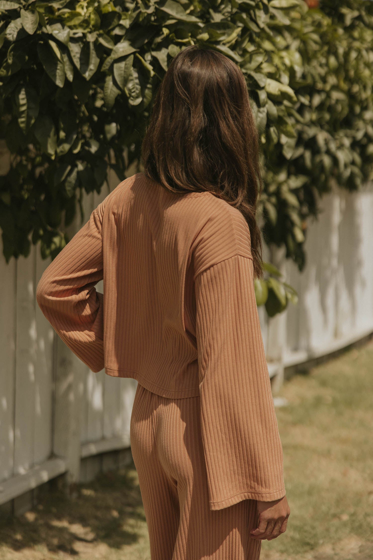 Ribbed long sleeve loungewear top for women.