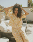 Floral blouse in linen two piece set for women.
