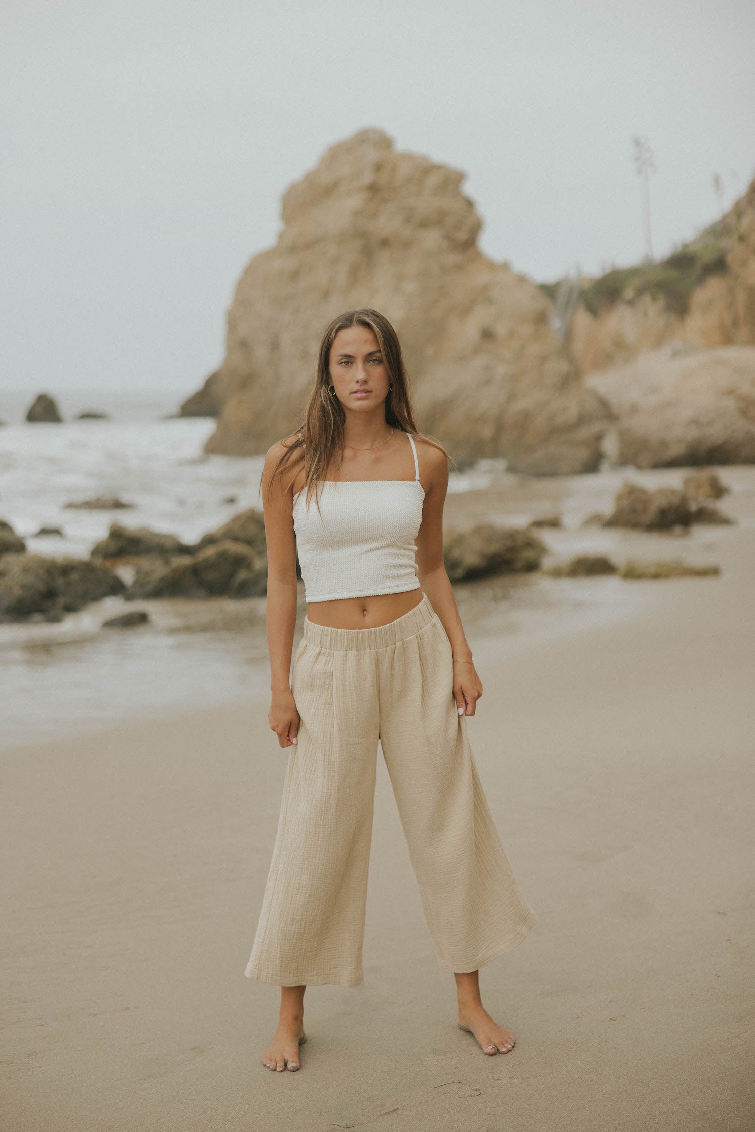Women's wide leg lounge pants in brown muslin.