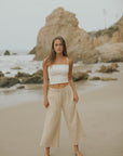 Women's wide leg lounge pants in brown muslin.