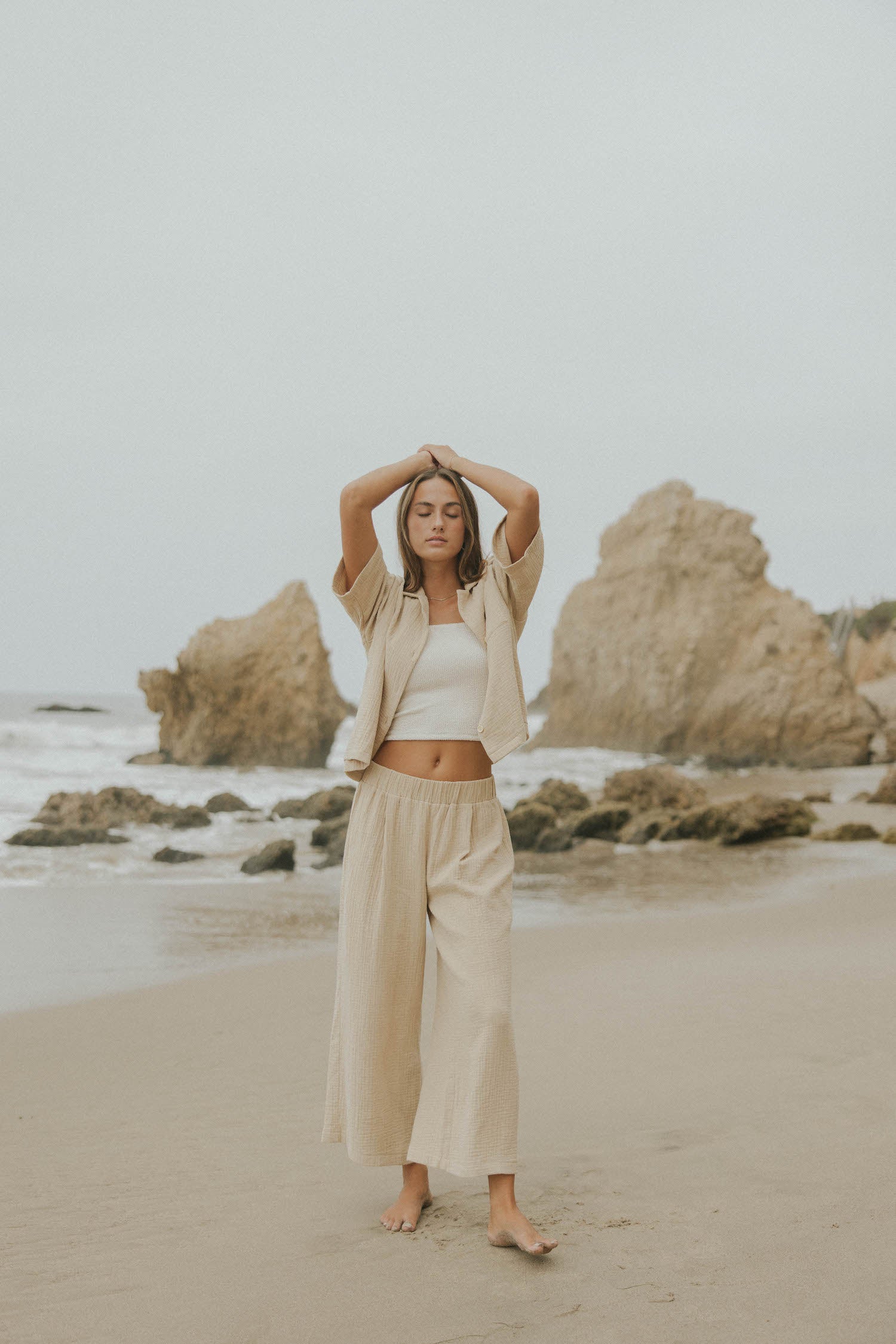 Women's wide leg lounge pants in brown muslin.