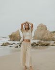 Women's wide leg lounge pants in brown muslin.