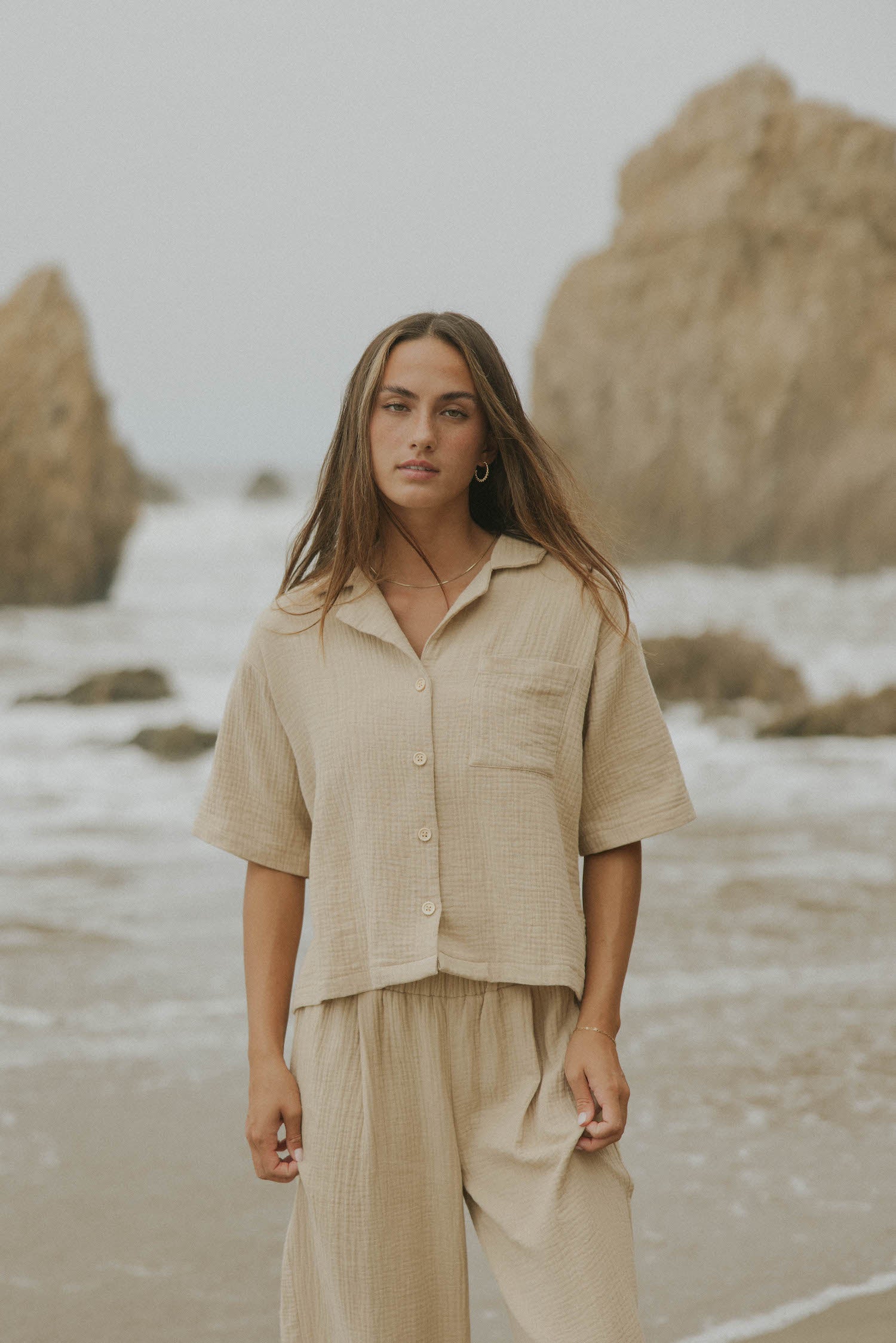 Brown muslin matching loungewear set for women.