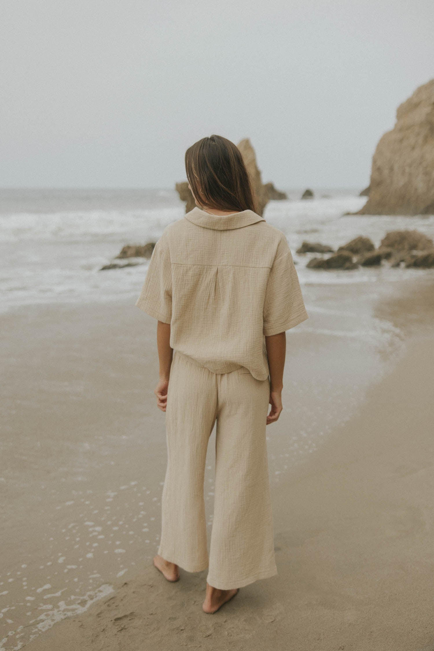 Women's wide leg lounge pants in brown muslin.