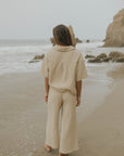 Women's wide leg lounge pants in brown muslin.