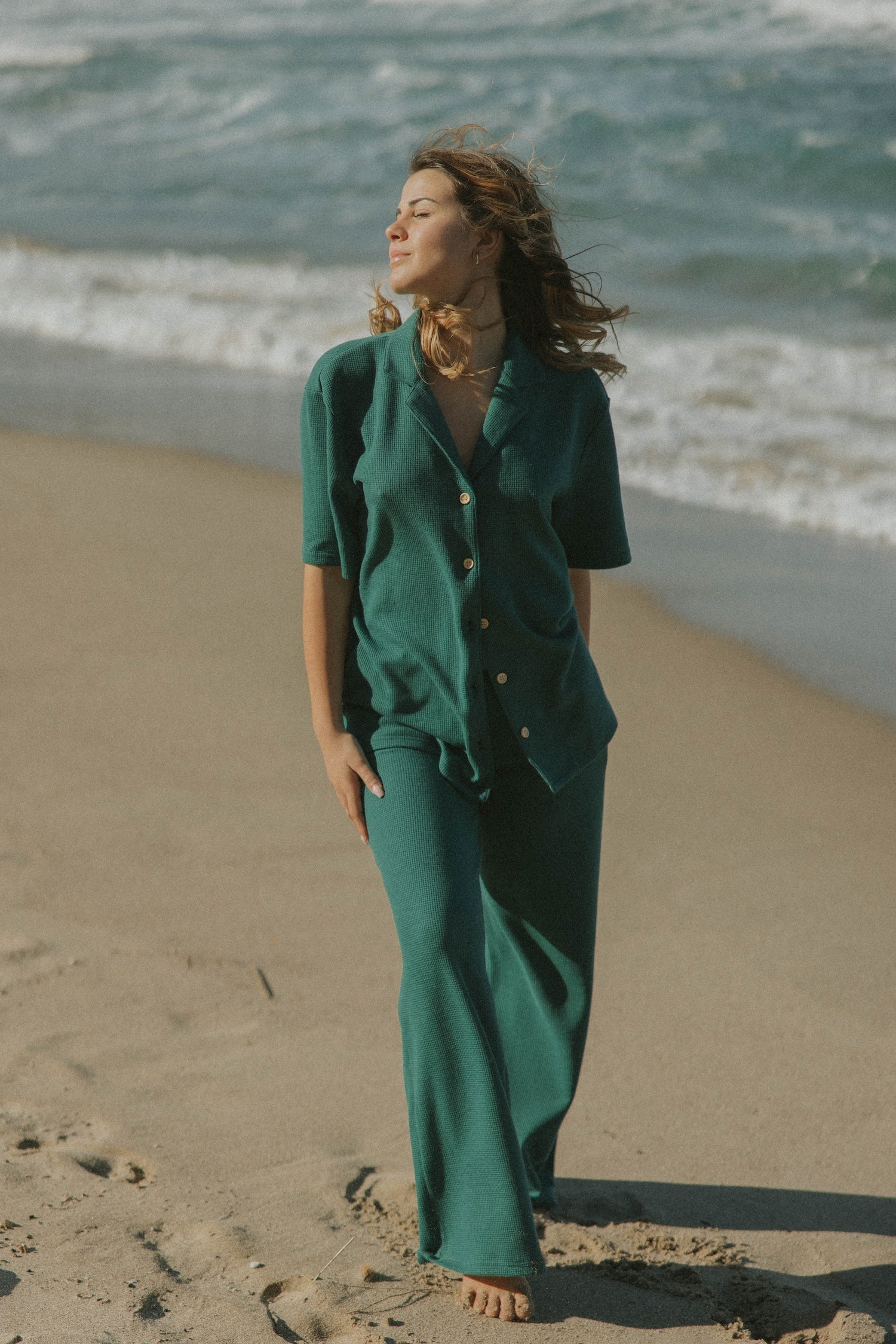Women's green waffle knit lounge pants.