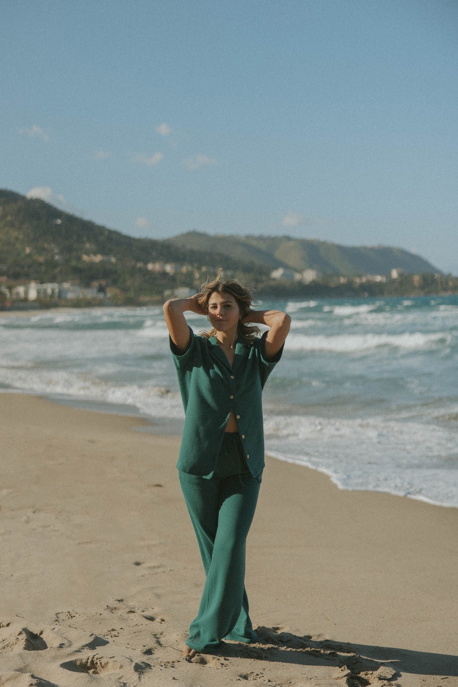 Women's green waffle knit lounge pants.