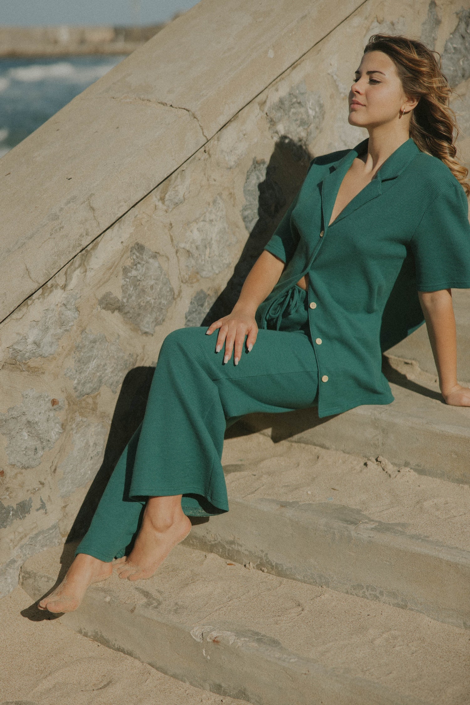 Green waffle lounge set for women.