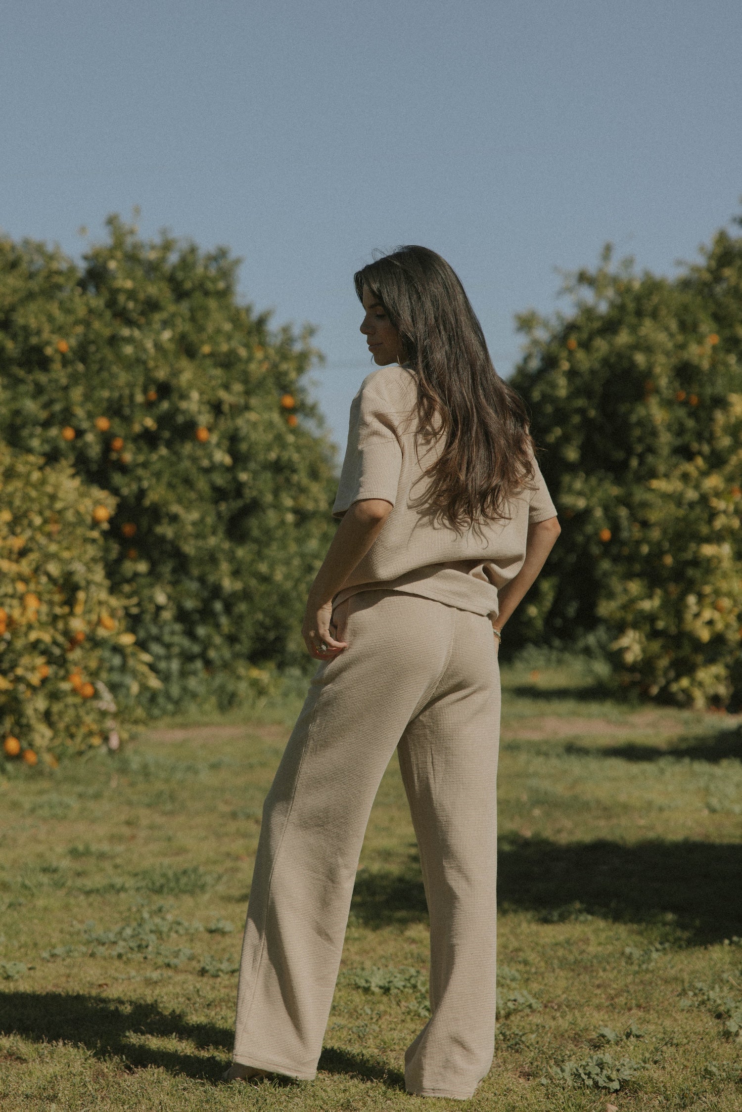 Women's brown waffle knit lounge pants.