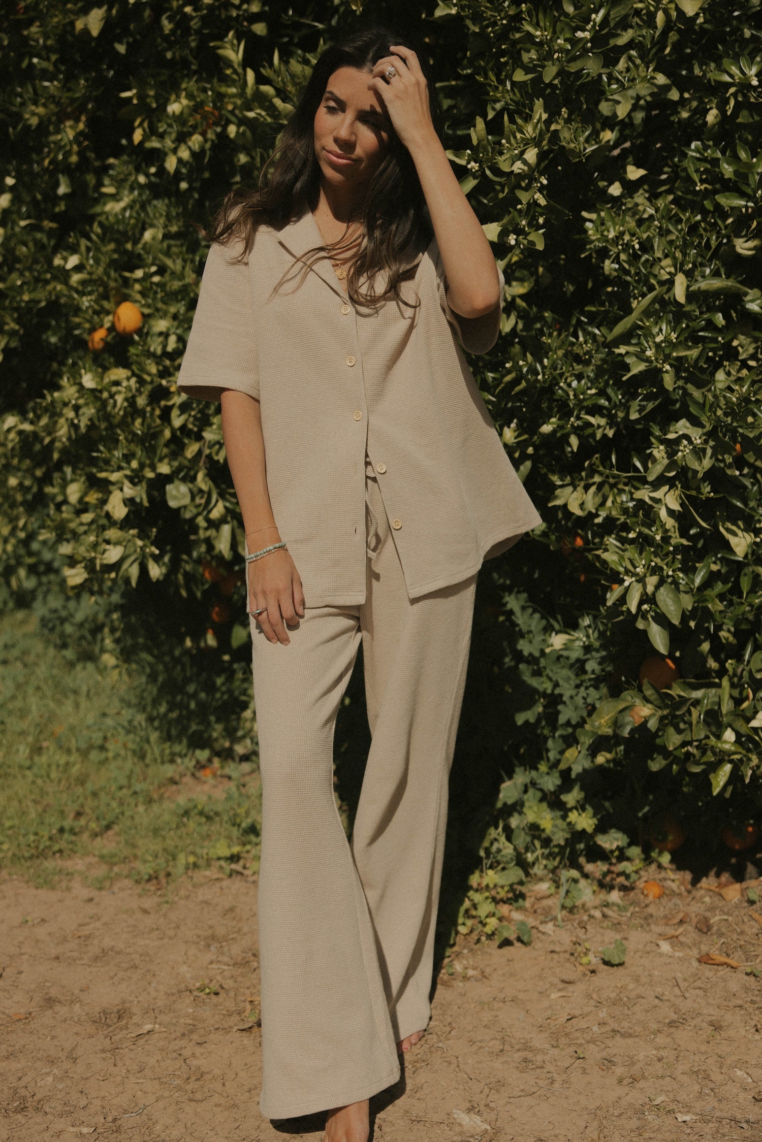 Women's brown waffle knit lounge pants.