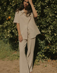Women's brown waffle knit lounge pants.