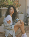 Striped matching shorts and top set for women.