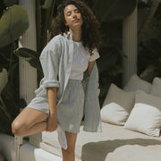 Striped matching shorts and top set for women.