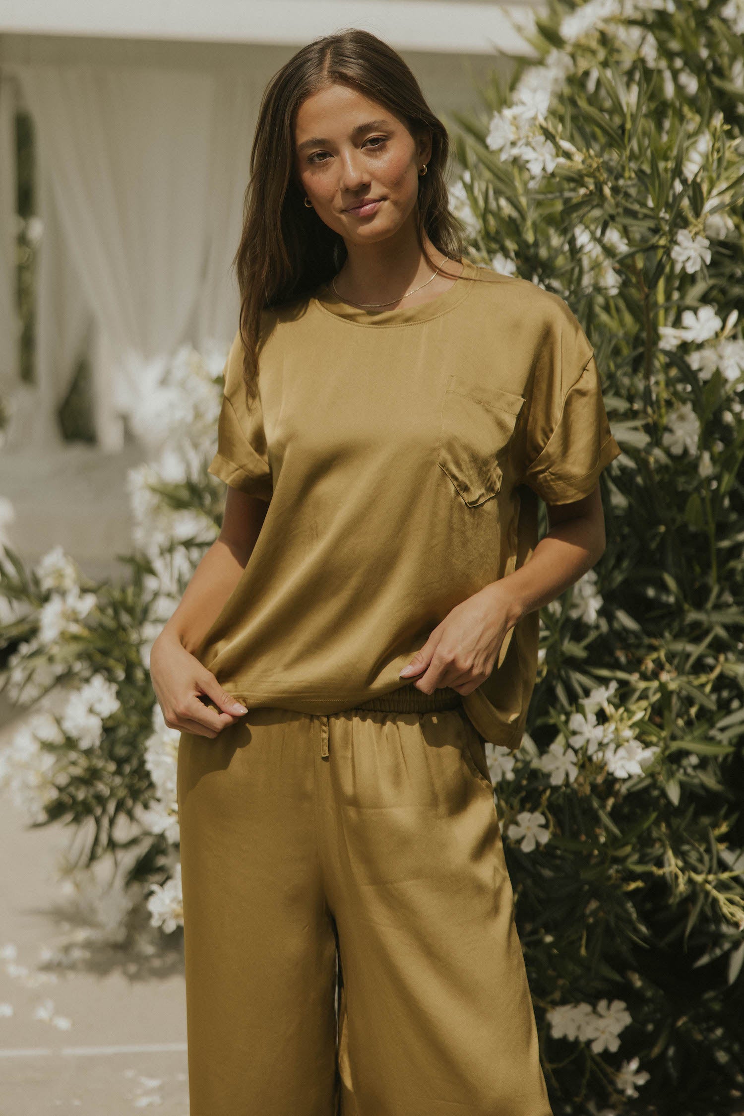 Matching silk sleepwear set for women.