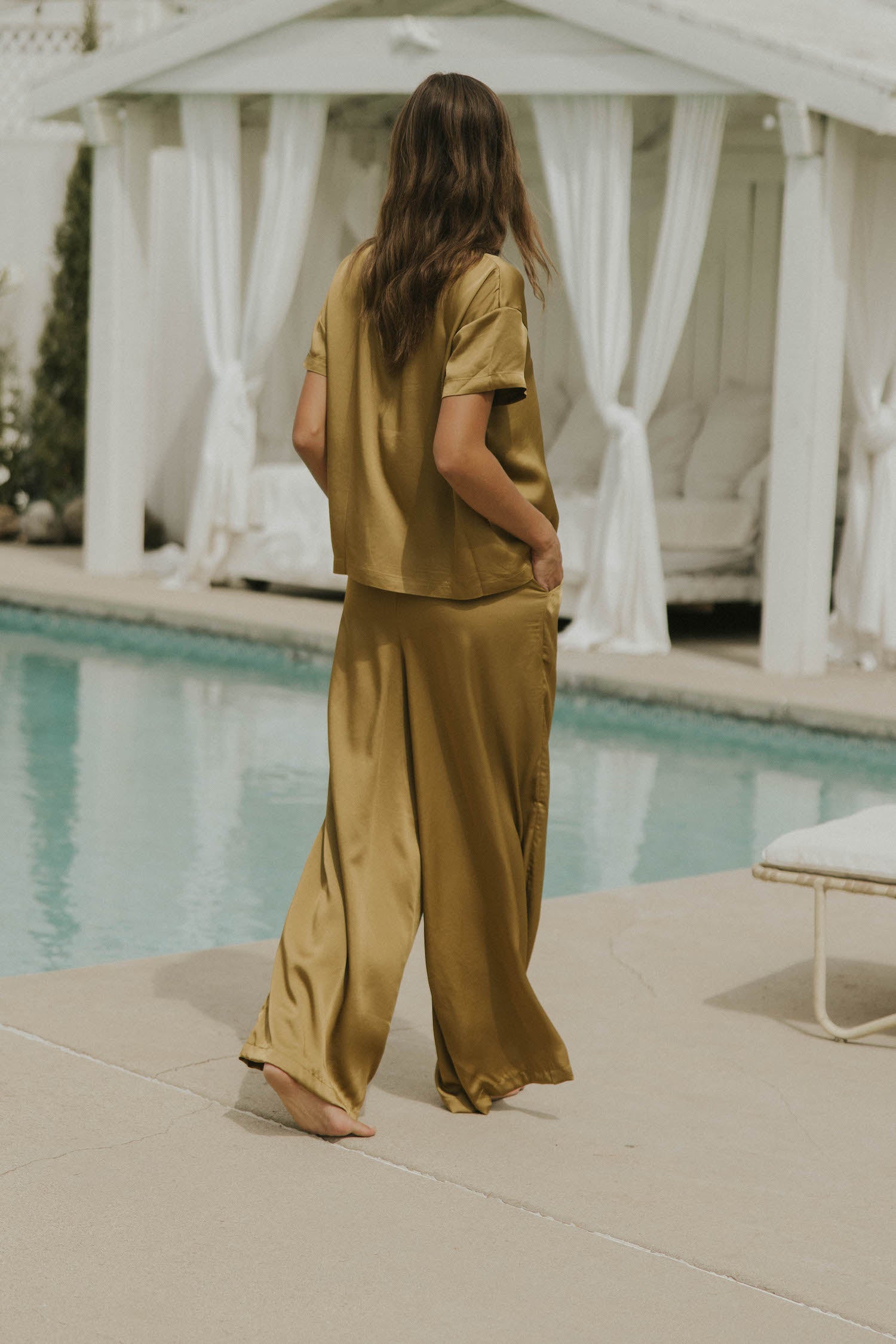 Wide leg silk pants for women.