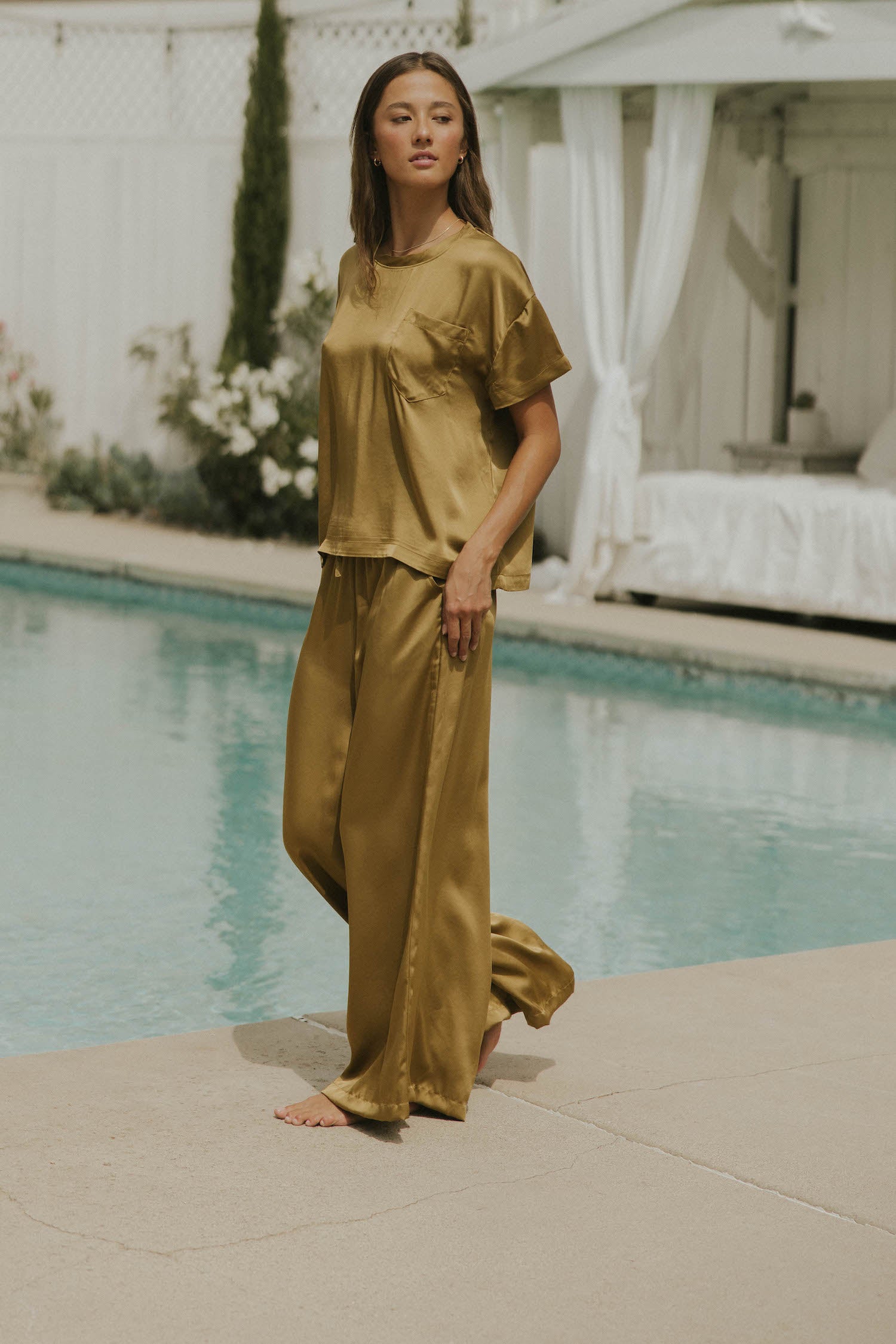 Matching silk sleepwear set for women.