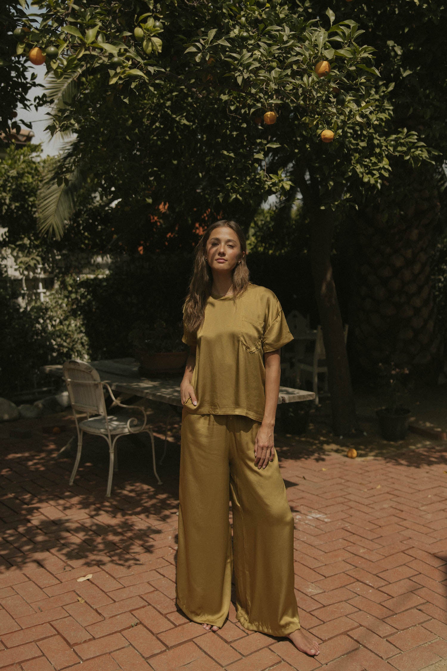 Matching silk sleepwear set for women.